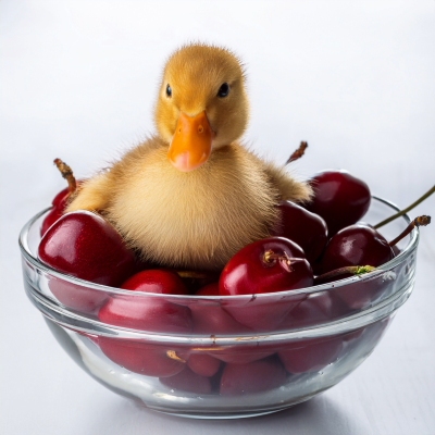 Lucky Ducky sitting in a bowl of cherries